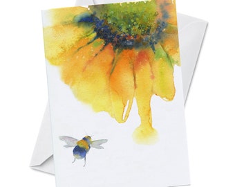 Greeting Card - NECTAR - Bee on a Sunflower Bumblebee Pollination Spring Baby Shower Bright Mother Nature Watercolor Art Painting Canadian