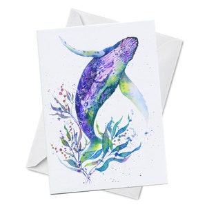 Wenskaart - BLUE WALTZ - Blue Whale Speelse onderwater wildlife zee oceaan waterdier aquarel schilderij
