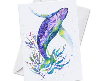 Greeting Card - BLUE WALTZ - Blue Whale Playful Underwater Wildlife Sea Ocean Water Animal Watercolor Art Painting