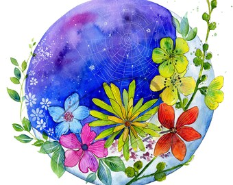 Moon Garden - Watercolor Art Print Colourful Wild Flowers Night Sky Available in Paper and Canvas by Olga Cuttell