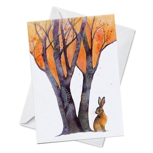Carte de vœux - ARBRE DE RÊVE - Aquarelle Art Giclée Print, Lapin mignon, Orangers, Bois, Bois, Nature Automne Automne Wildlife Painting