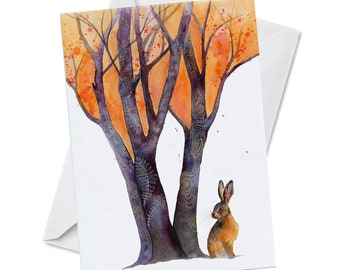 Greeting Card - DREAMING TREE - Watercolor Art Giclee Print, Cute Bunny, Orange Trees, Woods, Woodland, Nature Autumn Fall Wildlife Painting