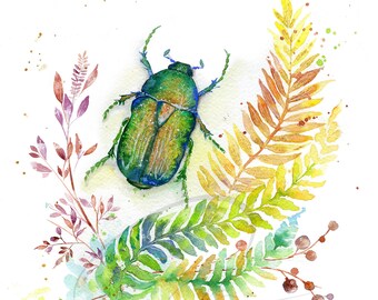 Beetle - Watercolor Art Print  Insect Plants Fern Green Forest Woods  Painting Paper & Canvas Olga Cuttell