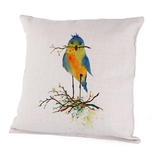 Canvas/Linen Pillow Case - Nesting - Blue Bird, Nest Building, Twig in beak, Pregnant, Expecting Mother, Newborn, Celebration, Olga Cuttell