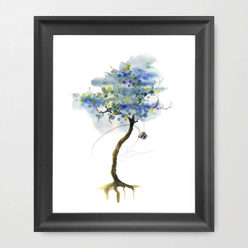 Sweet Home Watercolor Art Print Birdhouse Treehouse Purple Summer Tree