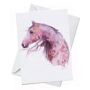 Carte de voeux - MAJESTÉ - Fleurs majestueuses de jument cheval rose dans sa crinière poney licorne aquarelle peinture papier recyclé Fabriquée au Canada