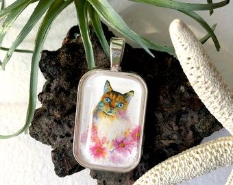 Glass Pendant - Mischief - Antique Bronze or Silver Plated handmade watercolor art necklace jewelry cat Oladesign