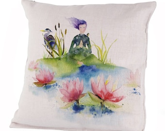 Canvas Pillow Case - Lotus - Meditating Lady of the Marsh Feminine Nature Spirit, Gia Herald of Green Spring, Heron Guide by Olga Cuttell