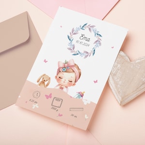 Plantilla de anuncio de nacimiento, tarjetas imprimibles para bebé niña recién nacida, postal editable de anuncio de bienvenida al bebé - Conjunto completo - Impresión digital