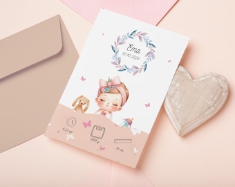 Plantilla de anuncio de nacimiento, tarjetas imprimibles para bebé niña, postal editable de bienvenida - Conjunto - Impresión digital