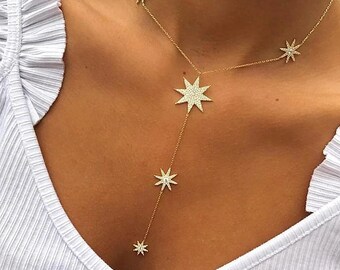 Lariat necklace, Sparkling Star Charm, Long Lariat Chain Necklace-  Women's Fine Jewelry