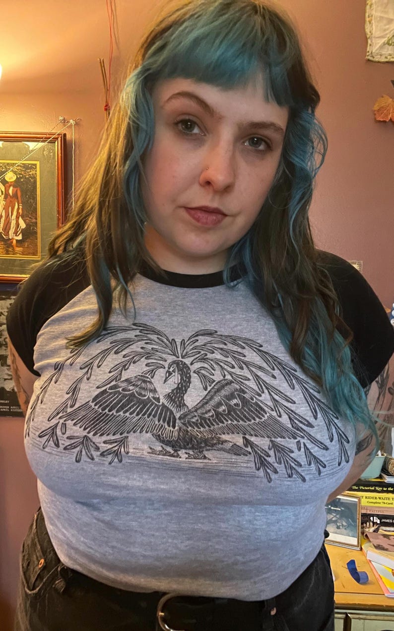 May include: A gray raglan t-shirt with a black collar and sleeves. The shirt features a large, detailed graphic of a bird with outstretched wings and foliage. The person in the image is wearing the shirt.