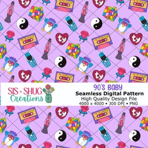 May include: Seamless digital pattern with a lavender background featuring 90s-themed illustrations. Includes a Furby, Rubik's Cube, cassette tape, lava lamp, yin-yang symbol, heart-shaped Ty tag, and a bejeweled ring. The text reads "90's BABY".