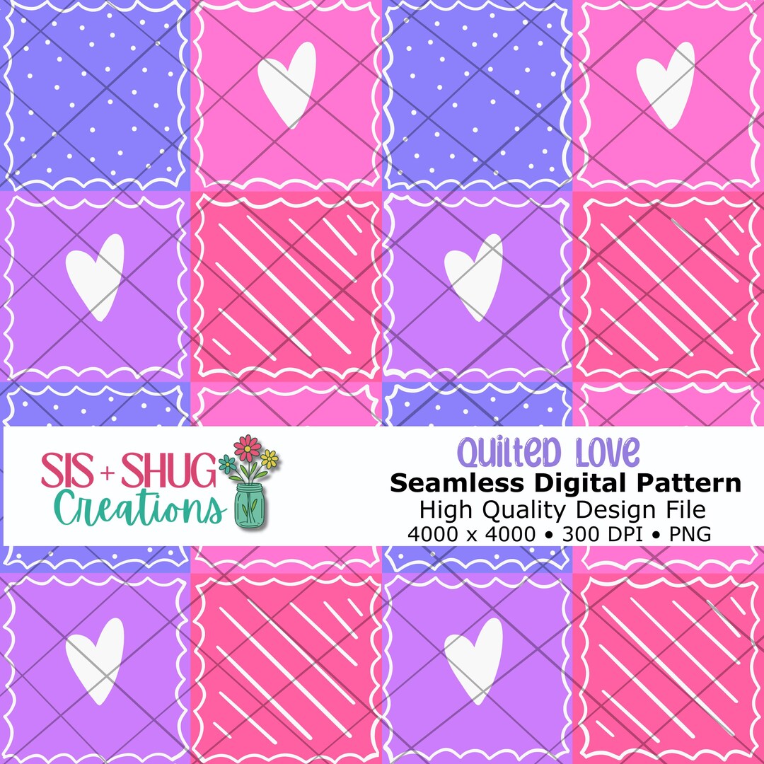 Quilted Love Hand Drawn Seamless Pattern File, 300 DPI PNG, Instant ...