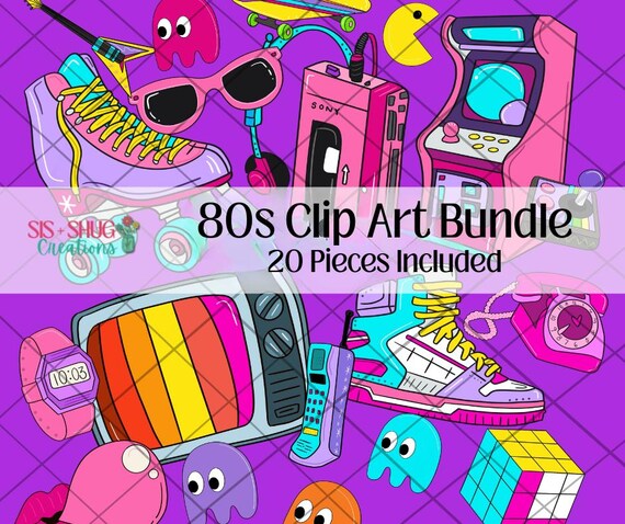 80s Clipart Hand Drawn Neon Bundle Roller Skates 1980 Retro Party Cassette Tape