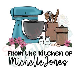 May include: A teal stand mixer with a gray bowl, accompanied by kitchen utensils, salt and pepper shakers, and a brown container. The text "FROM the kitchen of Michelle Jones" is displayed below.