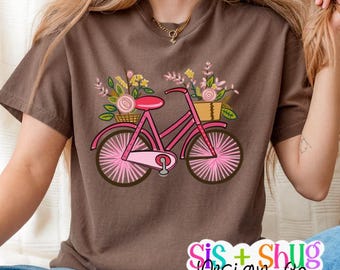 Vélo rose avec fleurs PNG printemps sublimation design vélo floral téléchargement graphiques vintage DTF