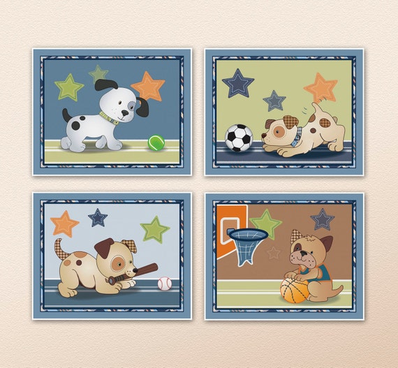 Set Of Four Bow Wow Puppy Buddies Prints Nursery Wall Art Etsy