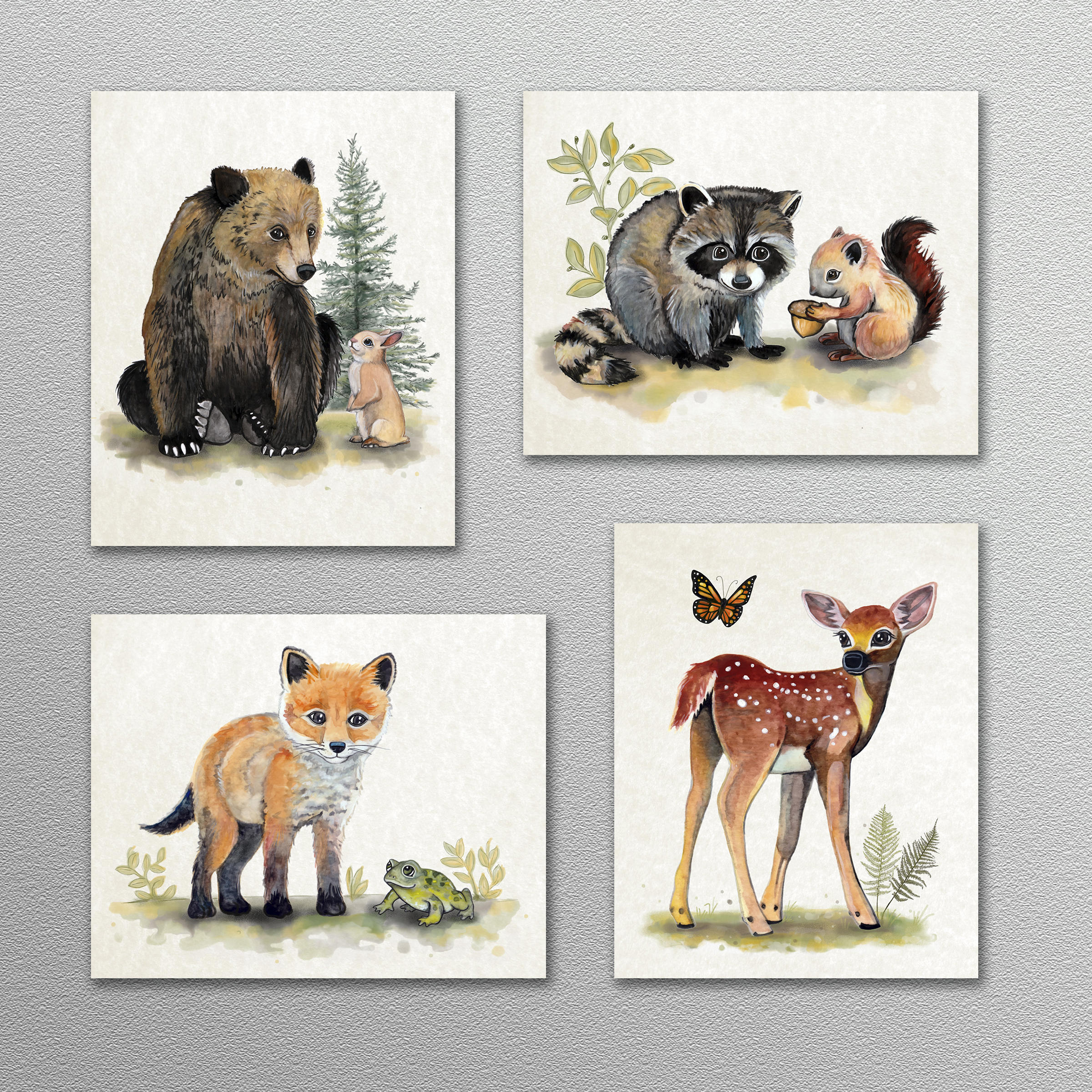 Set of Four Painted Forest Woodland Animal Wall Art Prints. Etsy