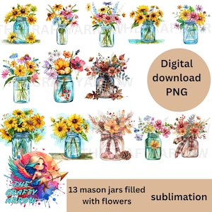 Einmachglas Blumenstrauß digitaler Download, Sublimation png, 13 Einmachglas Blumenmuster, sofortiger Download, Handwerk Printables