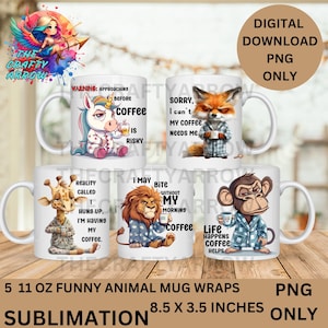 5 Funny Animal Coffee Mug Wraps bundle, Digital Download PNG, Cute Coffee Design, Coffee Lover Gift, Funny Coffee Quotes, Printable  Design
