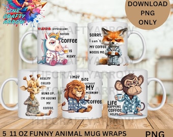 5 Funny Animal Coffee Mug Wraps bundle, Digital Download PNG, Cute Coffee Design, Coffee Lover Gift, Funny Coffee Quotes, Printable  Design