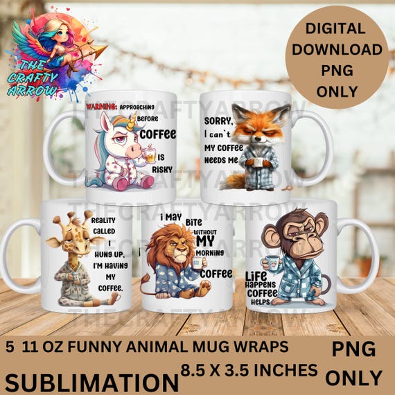 5 Funny Animal Coffee Mug Wraps bundle, Digital Download PNG, Cute Coffee Design, Coffee Lover Gift, Funny Coffee Quotes, Printable  Design