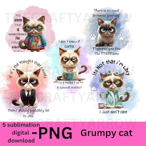 Puede incluir: Cinco diseños digitales de sublimación con un gato gruñón con diferentes lemas. Los lemas incluyen "Mi tiempo a solas a veces es para tu propia seguridad", "Si es el pensamiento lo que cuenta, entonces probablemente debería estar en la cárcel", "No sé si el café es un pasatiempo o un instinto de supervivencia", "No hay necesidad de repetir, te ignoré la primera vez", y "No es que sea vago, simplemente no me importa".