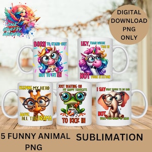 5 Funny Animal Sublimation Bundle Download PNG Digital Art Download Mug Designs Instant Download PNG Set, Cute Animal PNG Bundle