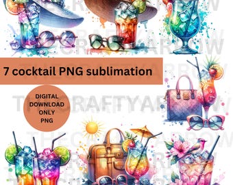 Watercolor Cocktail Drink Clipart Bundle, Summer Party PNG, Tropical Beverages Clip Art, Instant Download Mini Set