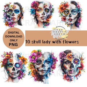 Schädel Kunst Download-Bundle, Florale Schädel Kunstdrucke, Tag der Toten digitale Kunst, bunte Schädel-Lady Kunst, sofortiger Download Dekor, Skelett