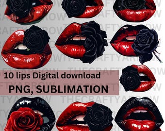 Digitale kunst download sexy rode lippen, clipart donkere bloemenroos, png-sublimatieontwerpbundel