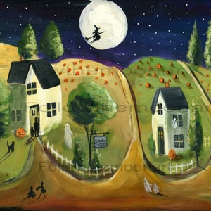 Trick or Treat Village in the Moonlight Halloween Art Print