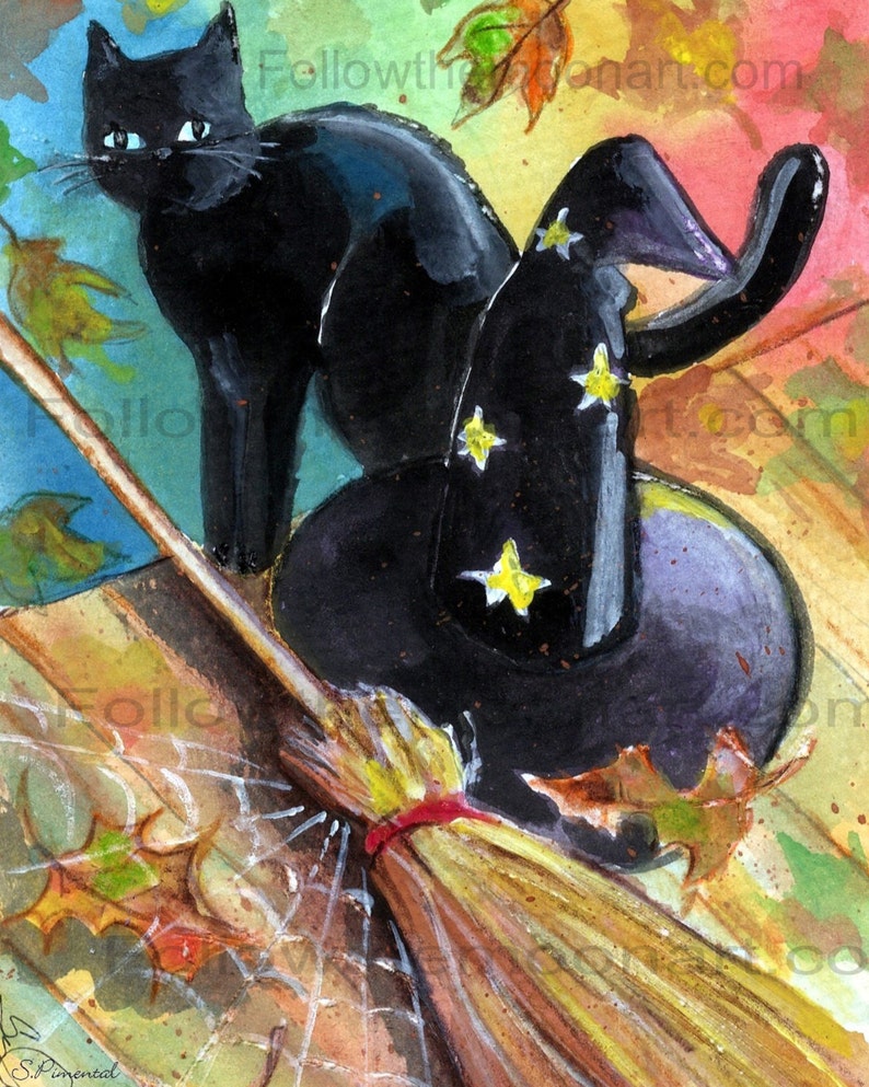 Spooky Black Cat With Witches Hat & Broom Halloween Quality Wall Art ...