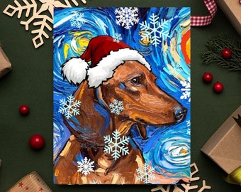 Brown Short Hair Dachshund Santa Starry Night Christmas Folded Greeting Cards 4.25x5.5 Inches With Envelopes Doxie Holiday Stationary