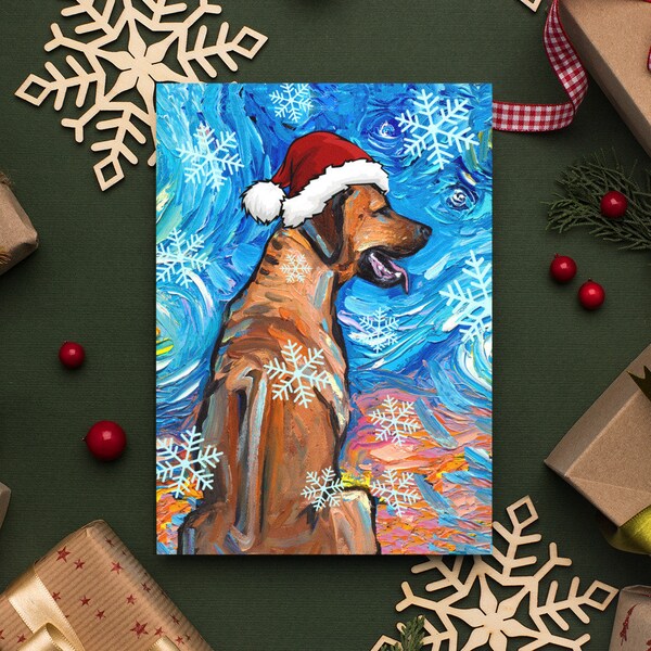 Rhodesian Ridgeback Starry Night Dog Christmas Folded Greeting Cards 4.25x5.5 Inches With Envelopes Holiday Stationary Premium Card Stock