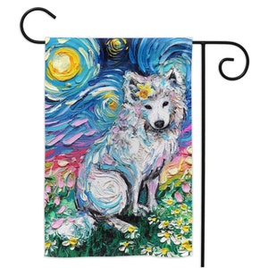 Samoyed Starry Night And Flowers Yard Flags Double Sided Printing Art By Aja Outdoor Decor Lawn Garden Decoration