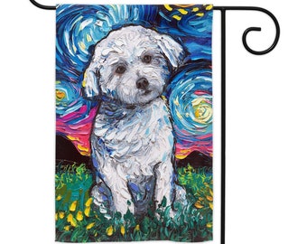 Bichon Frise Starry Night Yard Flags Double Sided Printing Art By Aja Outdoor Decor Lawn Garden Decoration
