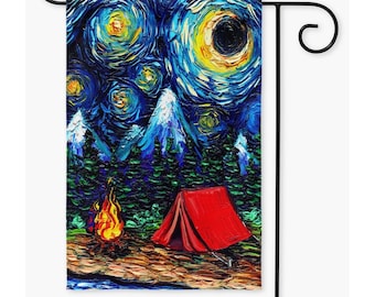 Yard Flags - Camping Under A Starry Night Double Sided Printing Art By Aja Outdoor Decor Lawn Garden Decoration Campfire Tent Forest Artwork
