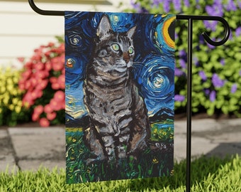 Gray Tabby Cat Garden Flag: Starry Night Pet Sign, Outdoor Decor