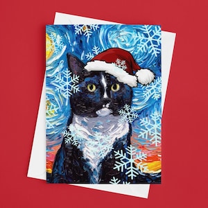 Tuxedo Cat Starry Night Christmas Folded Greeting Cards 4.25x5.5 Inches With Envelopes