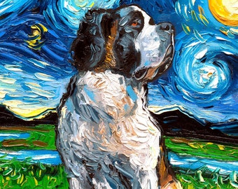 Saint Bernard Rectangular Art Starry Night Art Print dog lover gift art by Aja choose size and type of paper