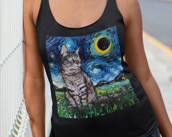 Women's Tank Top - Tabby Cat And Eclipse Starry Night Next Level Racerback Tank Art By Aja Clothing Xs - 2xl