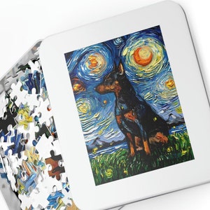 Premium Puzzle  Miniature Pinscher Min Pin Starry Night Dog 252 Or 500 Piece Puzzles in Gift Tin Art By Aja Rainy Day Activity Free US Ship