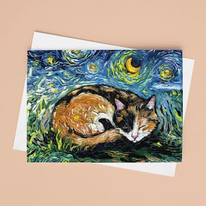 Folded Blank Greeting Cards - Sleeping Calico Cat Starry Night 4.25x5.5 Inches With Envelopes Unique Stationary Packs Of 1,5,10, Or 25