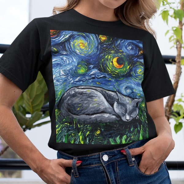 Shirt - Sleeping Russian Blue Cat Starry Night Short-Sleeve Unisex T-Shirt Art by Aja Soft top clothing Apparel