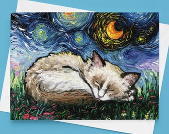 Folded Blank Greeting Cards - Sleeping Ragdoll Kitten Cat Starry Night 4.25x5.5 Inches With Envelopes Stationary Packs Of 1,5,10, Or 25