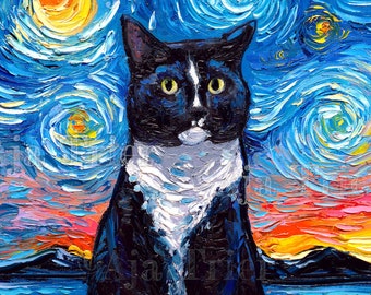 Tuxedo Cat Art - Starry Night print by Aja choose size, Photo Paper or Watercolor Paper artwork home decor Cat Kitty Decor