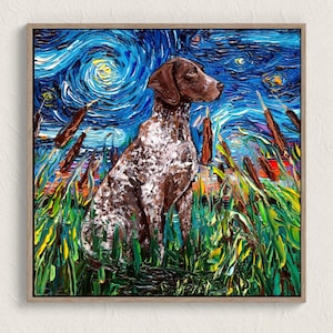 May include: A painting of a German Shorthaired Pointer dog sitting in a field of tall grass. The background is a blue and white starry night sky. The painting is done in a style reminiscent of Vincent van Gogh.