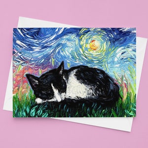 Folded Blank Greeting Cards - Sleeping Tuxedo Kitten Cat Starry Night 4.25x5.5 Inches With Envelopes Stationary Packs Of 1,5,10, Or 25